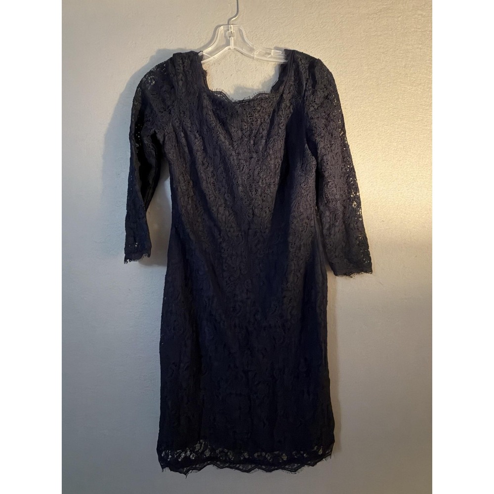 Adrianna Papell Dress Womens 6 Blue Lace Boat Neck Sheath Knee Length Party